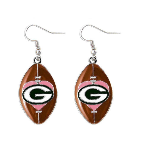 aminco,green bay packers,heart,football,dangle,earrings,ear rings,jewelry,clothing accessories