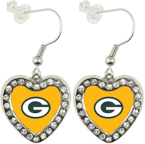 Green Bay Packers Crystal Heart Dangle Earrings
