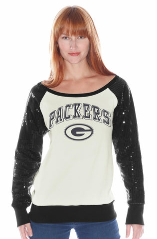 Green Bay Packers Women's White Shirt with Sequin Long Sleeves