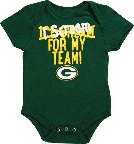 genuine,outerstuff,outer stuff,green bay packers,i,scream,for,my,team,infant,baby,boy,onesie,romper,creeper,clothing accessories