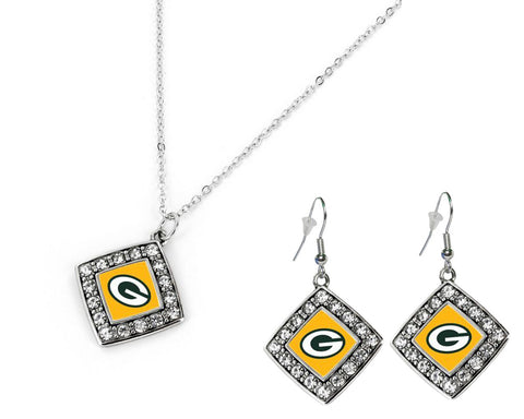 Green Bay Packers Crystal Diamond Earrings & Necklace Set