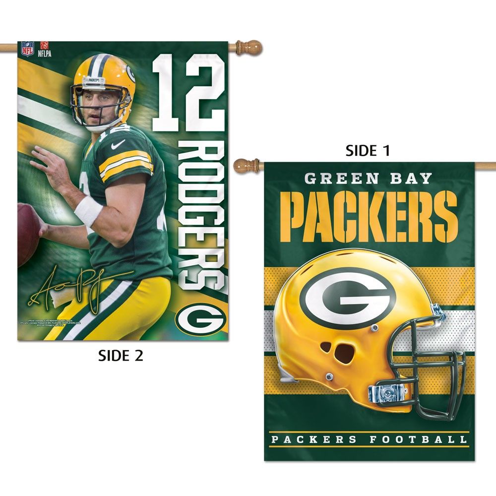 Green Bay Packers Aaron Rodgers 28 x 40 2 sided Vertical Flag Green Bay Stuff